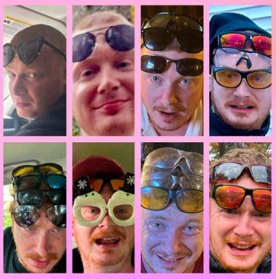 A collage of eight photos of a young man with light red hair. In each photo, he's wearing at least one pair of sunglasses.